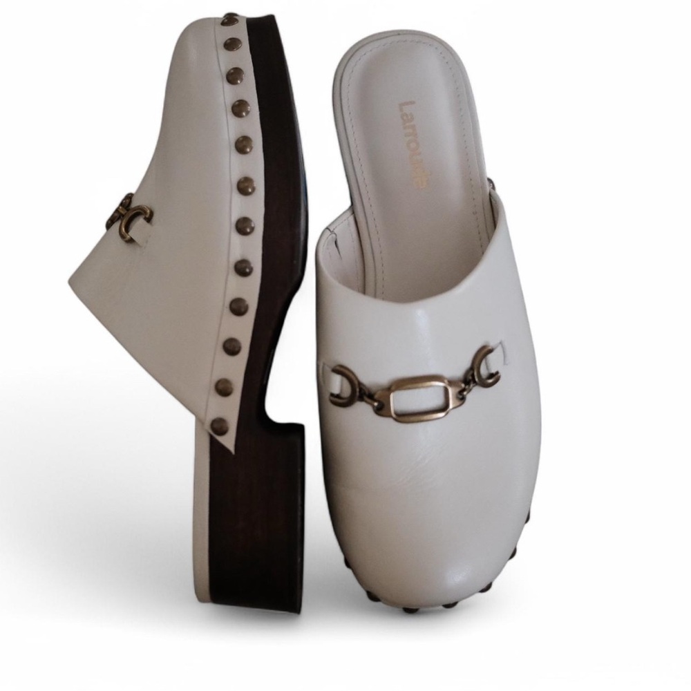 Larroude White Mules with Equestrian Hardware